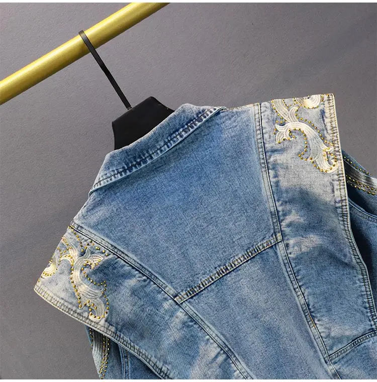 

2021 Spring Autumn Ins Embroidery Rhinestone Denim Coat New Loose Slimming Jeans Jacket Women Long Sleeves Fashion Top
