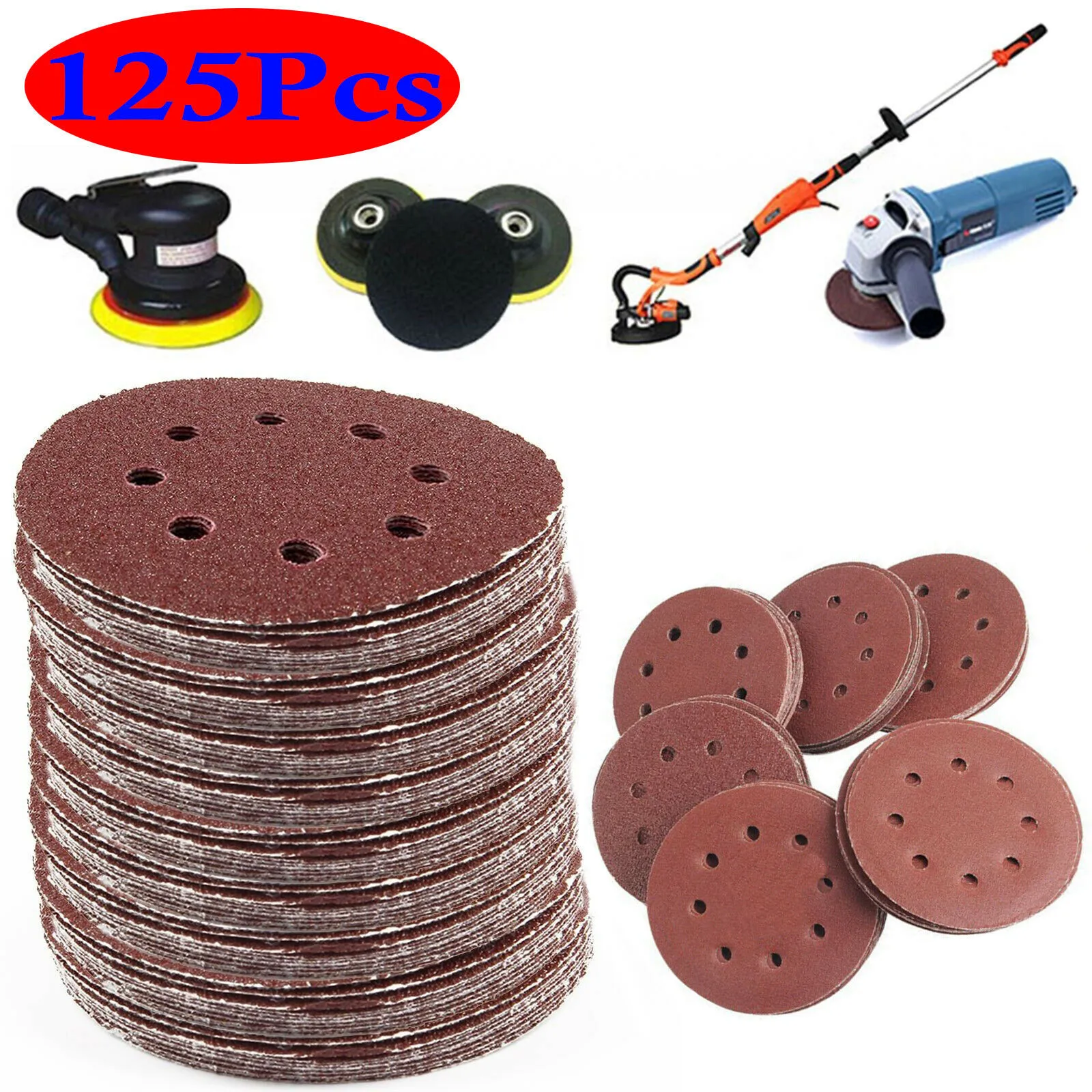 

125pcs Sandpaper 125mm - 5" Inch Sanding Discs 40 60 80 120 240 Grit Orbital Sander Pads