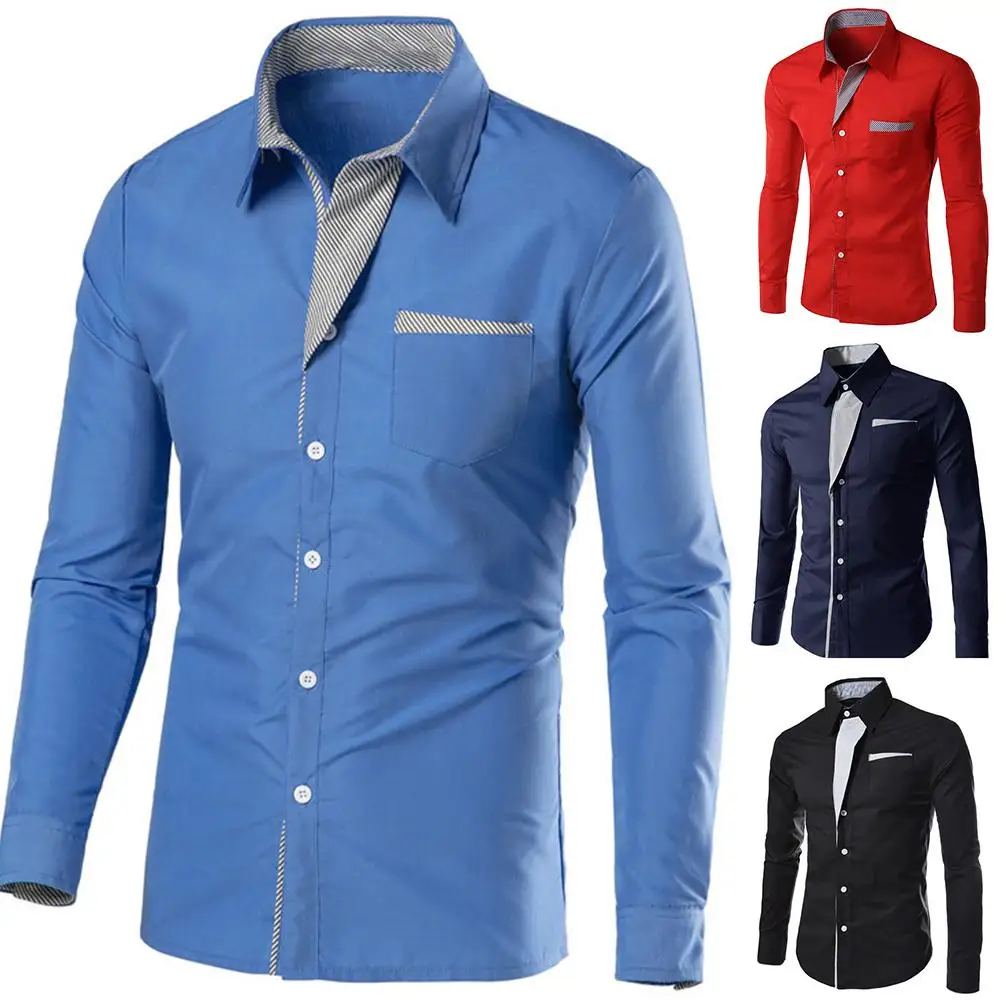 

Shirts Men Color Block Stripe Long Sleeve Button Turn Down Collar Shirt Top