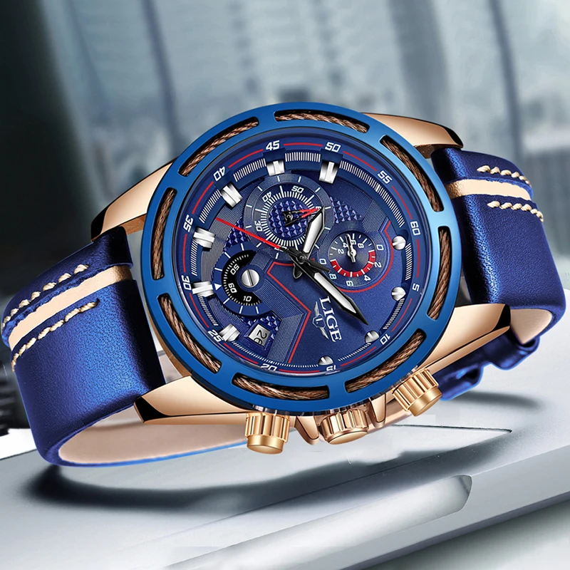 Часы наручные LIGE Мужские кварцевые модные спортивные брендовые Роскошные