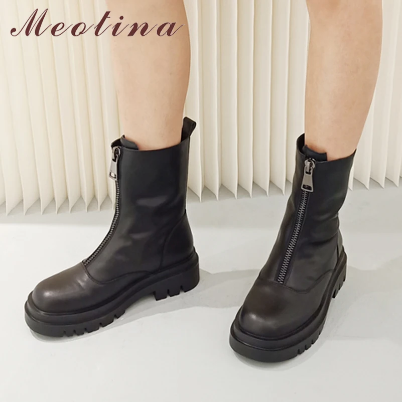 

Meotina Genuine Leather Platform Chunky Heels Mid Calf Boots Women Shoes Round Toe Zipper High Heel Ladies Boots Winter Black 40