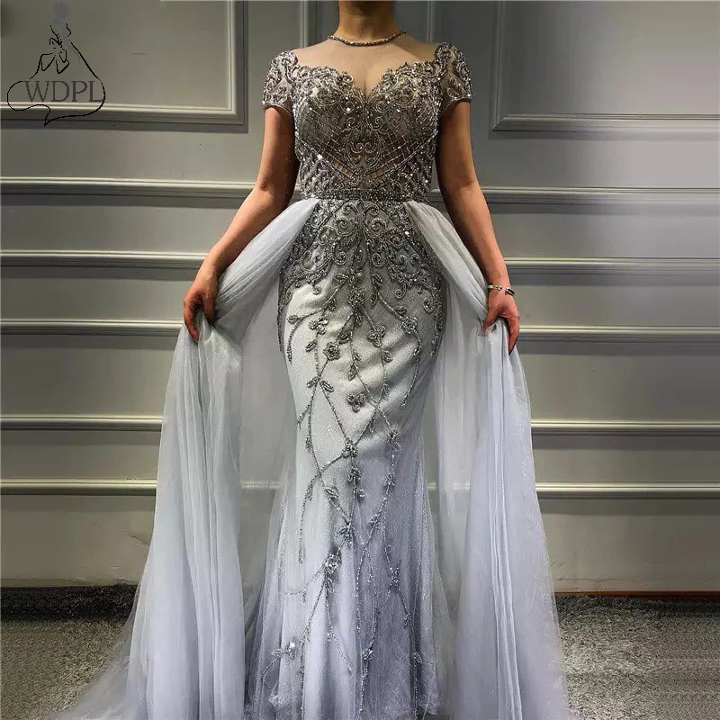 

Robe de soiree 2019 Beads Mermaid Prom Dresses with Detachable Train Sheer Neck Short Sleeve Gray Lace Tulle Evening Dress