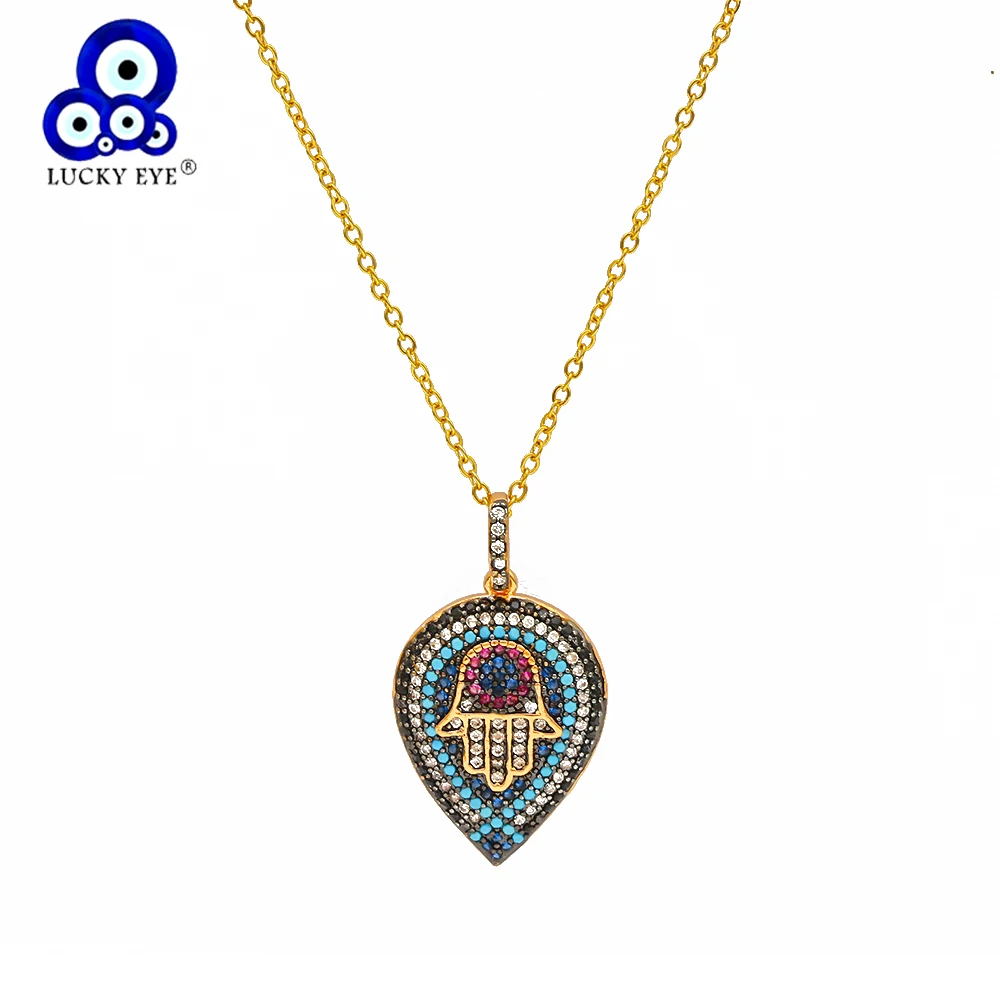 Повезло глаз хамса руки кулон ожерелье золото Цвет Chain Micro Pave Фул Циркон капли