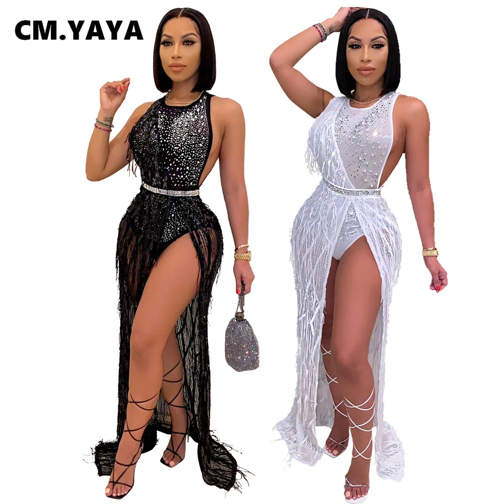 Женское длинное платье с блестками CM.YAYA однотонное уличное облегающее высокой