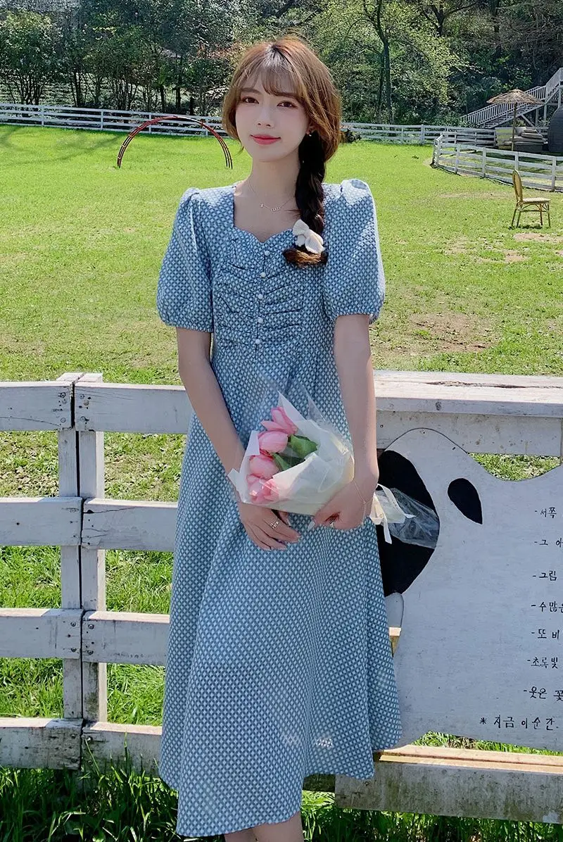 

COIGARSAM Vintage Women dress Summer Pearl V-Neck Dresses Blue Apricot 3065