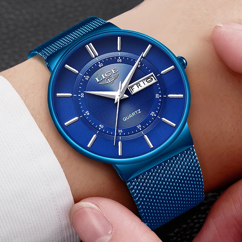 Часы LIGE мужские синие кварцевые водонепроницаемые | Наручные часы