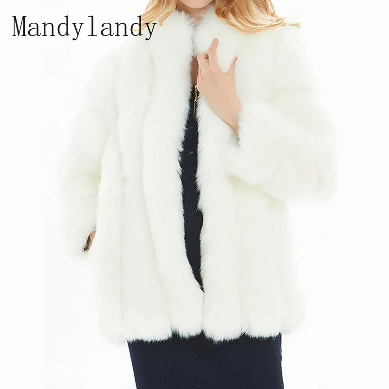 

Mandylandy Warm Faux Fur Coat Women's Casual Long Sleeve O-Neck Solid Color Jacket Winter Fashion Plush Cardigan Straight Coat
