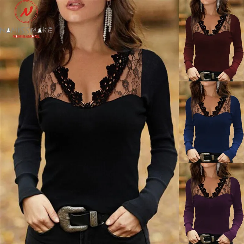 

Соблазнительные Женские однотонные футболки для верхней одежды, сетчатые Лоскутные дизайнерские кружевные прозрачные облегающие пуловер...