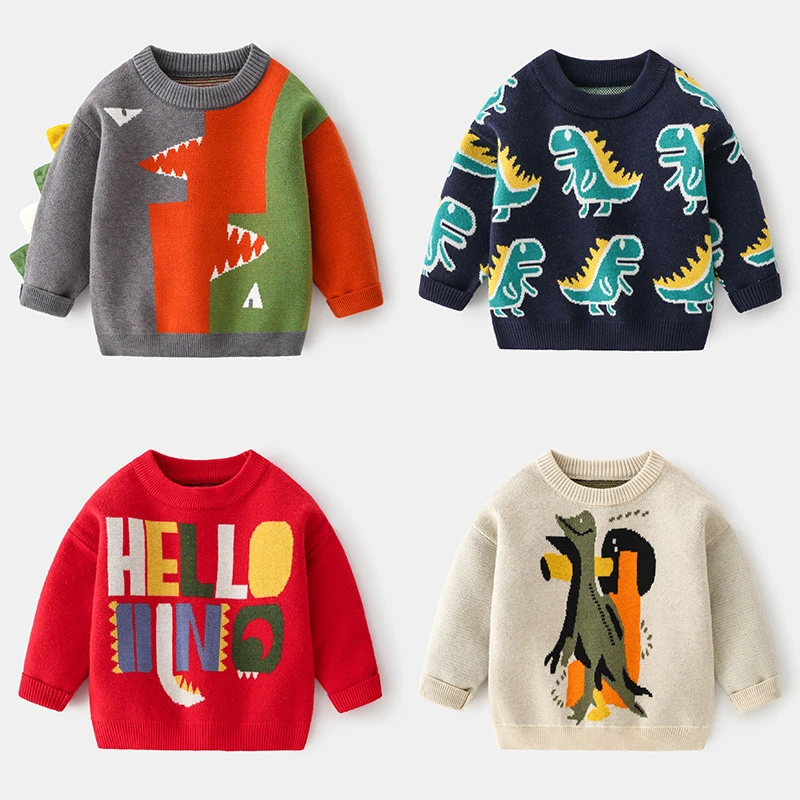 

Toddler Boys Clothes Winter New Boy Kids Fashion Cartoon Sweaters Korean O-neck Dinosaur Letter Thick Pullover Sweater For Child