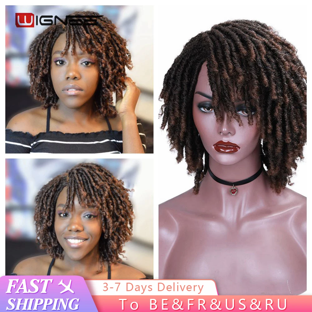 

Wignee Short Soft Brown Synthetic Wigs For Women Faux locs Afro Kinky Curly Braiding Hair With Bangs Crochet Twist Hair Wigs