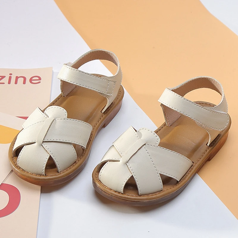 

13.5-18cm Brand Little Girls Summer Sandals,Solid Beige Black Closed Toe Toddler Women Retro Beach Sandal,Kids Girls Flats Shoes