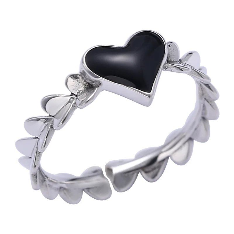 

Fengxiaoling Korean Fashion 2020 Trend Black Drop Glaze Heart Rings For Women 925 Sterling Silver Fashion Heart Rings Jewelry