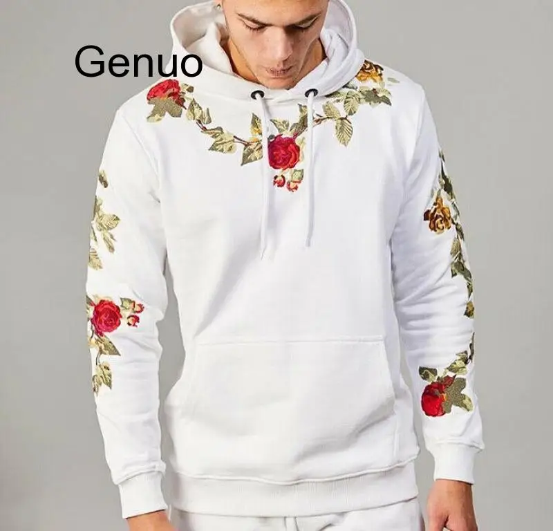 

Goocheer Men Embroidery Floral Hooded Pullover Hoodies High Street Fashion Cotton Hip Hop Slim Streetwear O-neck Hoodie M-3XL