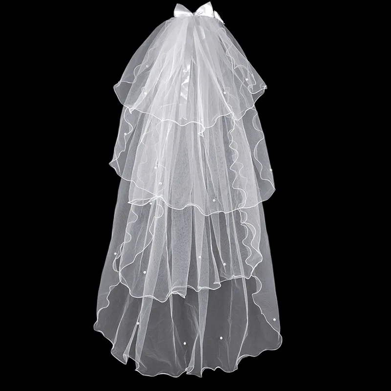 

New Arrival Pencil Edge Short Wedding Veil 2021 Mariage White Ivory Bridal veils Casamento Pearls Cheap wedding accessories