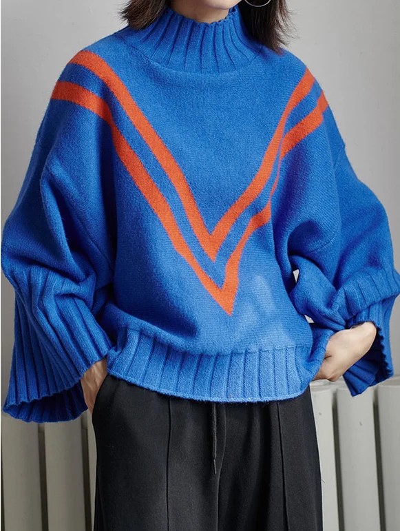 Big Size Blue Striped Knitting Sweater Loose Fit High Collar Long Sleeve Women New Fashion Tide Autumn Winter 2020