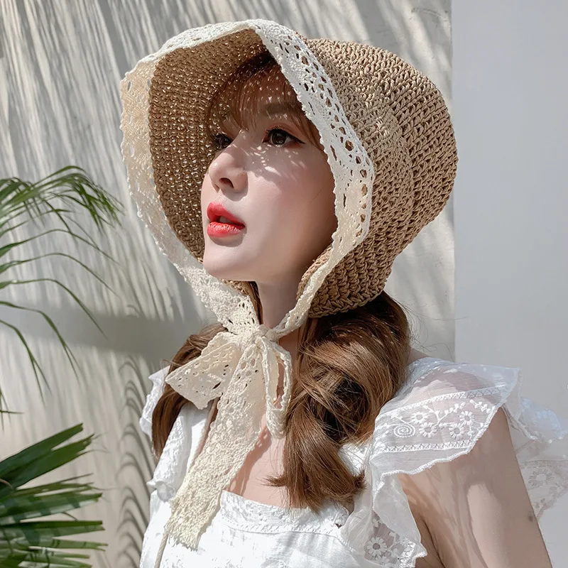 

Summer Lace Sun Hats for Wide Brim Straw Beach Side Cap Women Panama Floppy Female Straw Hat Lace Solid Fringe Straw Hat