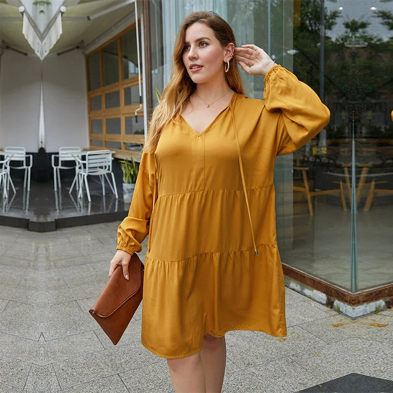 

Women's Plus Size V Neck Long Sleeve Lace Up Oversized Dress For Ladies 2021 New 4XL All Match Fashion Solid Color Short Dresses
