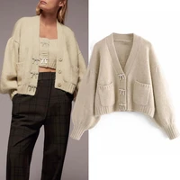 2020 rhinestone buttons cropped knitted cardigan sweater women autumn cute long puff sleeve v neck oversized cardigan top