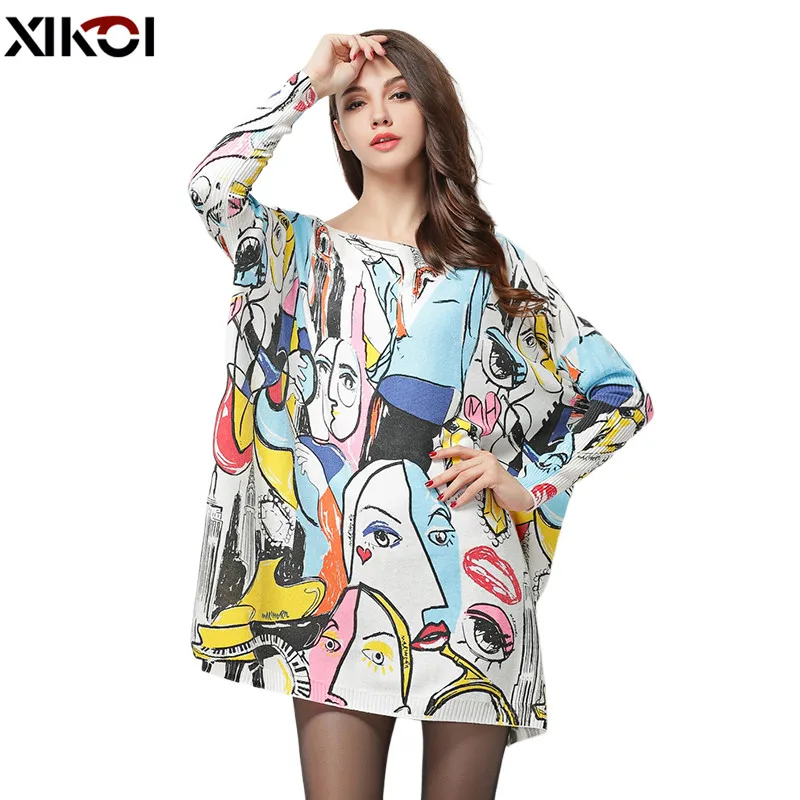 Женский вязаный свитер с принтом XIKOI длинный пуловер оверсайз вырезом лодочкой и