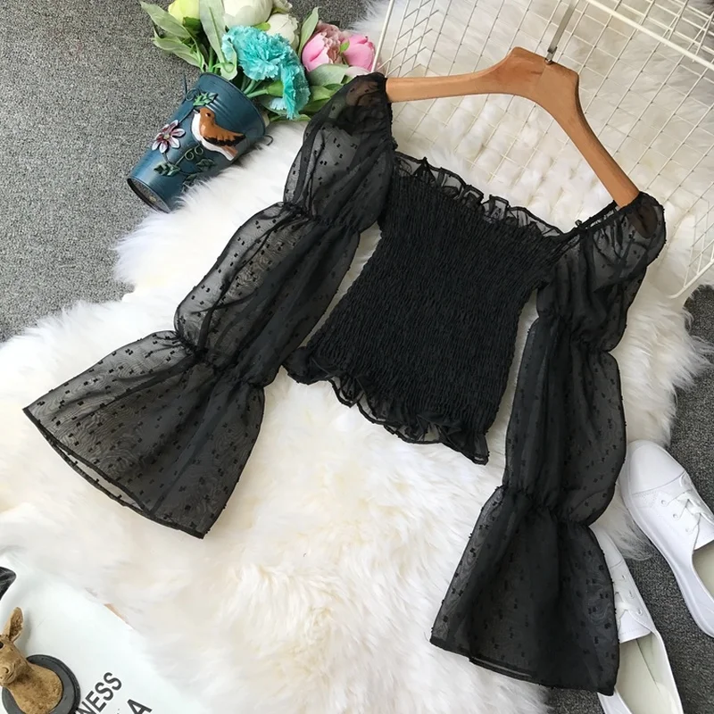 Шифоновая Блузка без бретелек с открытыми плечами и длинными рукавами