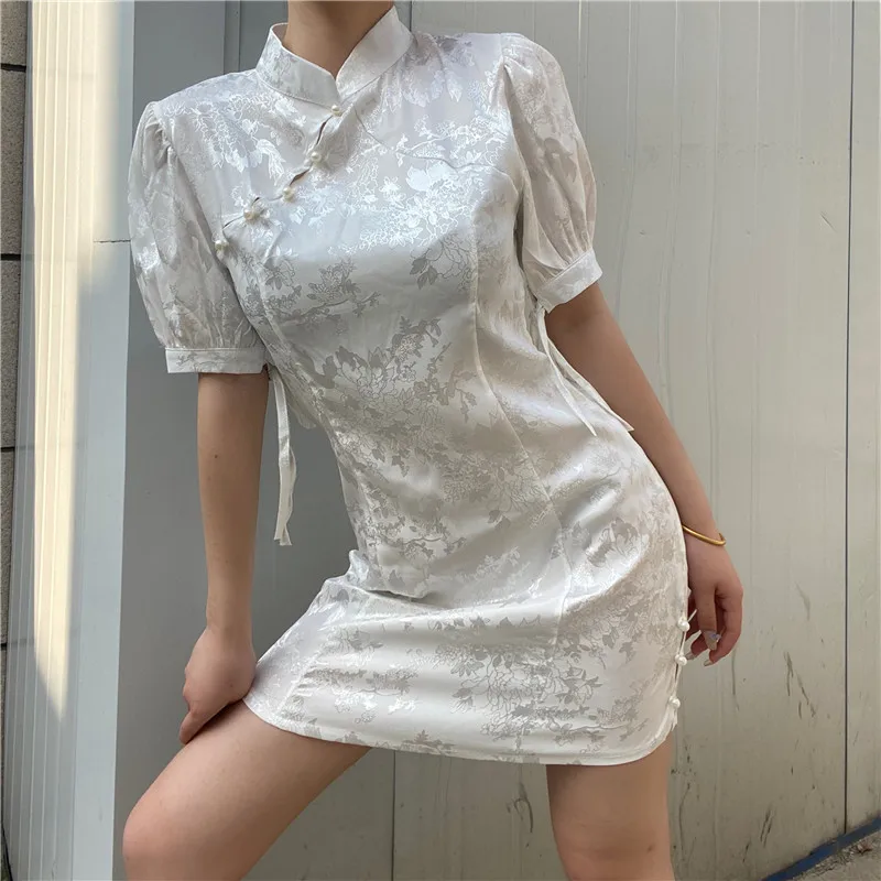 

Ins Europe and The United States Wind 2021 Summer New Buoy Bubble Sleeves Open Fork Body Dress Girl