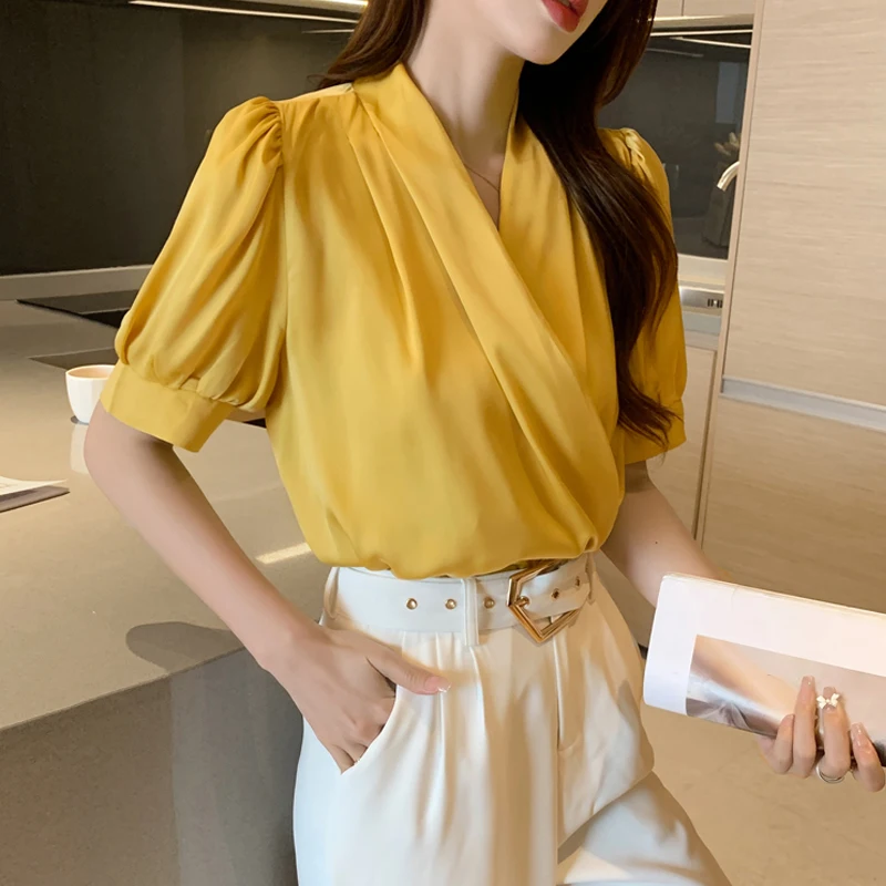 

Summer Women 2021 Short Sleeve Tops Office Lady Blouse Female New Chiffon Blouses Clothes Fashion V-neck Blouse Blusas 14080