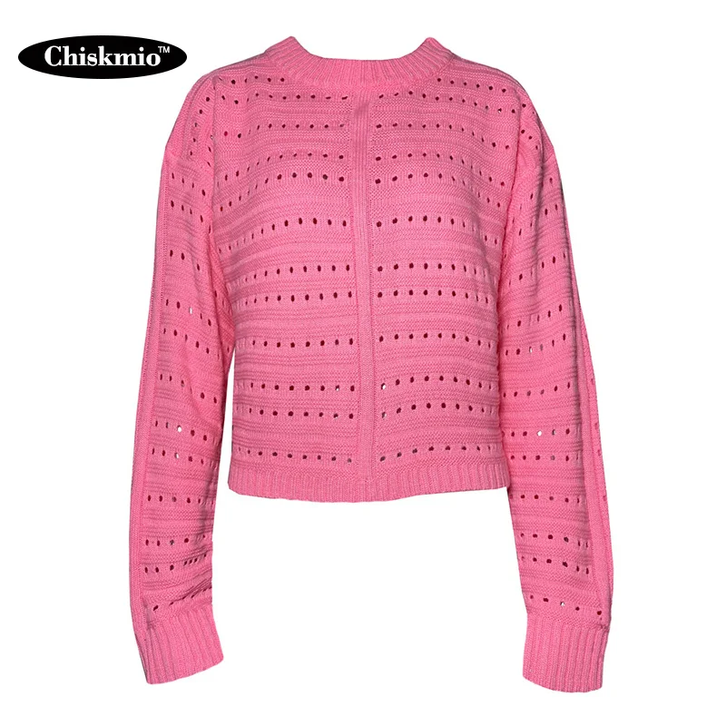 

Chiskmio Holes Knitted Pullover Women Sweater Long-sleeved O-neck Jumper Tops Streetwear Sweater Women Autumn