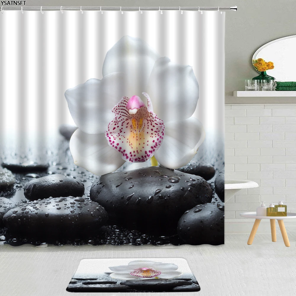

2Pcs Zen Stone Orchid Desert Shower Curtain Plant Green Bamboo Pebbles Butterfly Fabric Non-Slip Bath Mat Bathroom Curtains Set