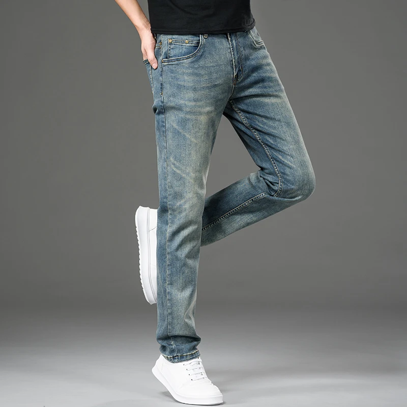 New Retro Blue Jeans Men Casual Loose Straight Pants Baggy Denim Trousers