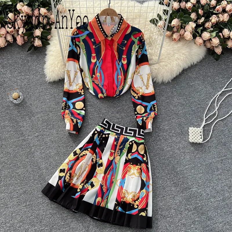 

Two Piece Set Women's Suit Luxury Print Long Sleeve Shirt Top And Pleated A-Line Skirt Chic Set Woman 2 Pieces Fashion Clothing