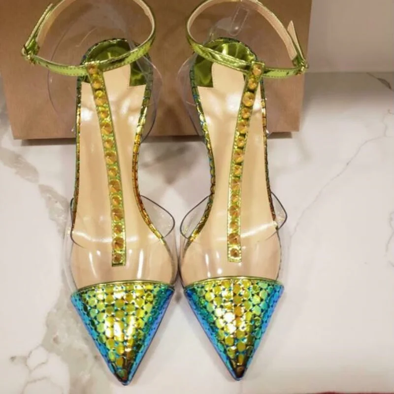

Sexy Gold Rivets T Strap High Heel Pumps Iridescent Snake Leather Printed Patchwork Shoes Pointed Toe Stiletto Heels Dress Shoe