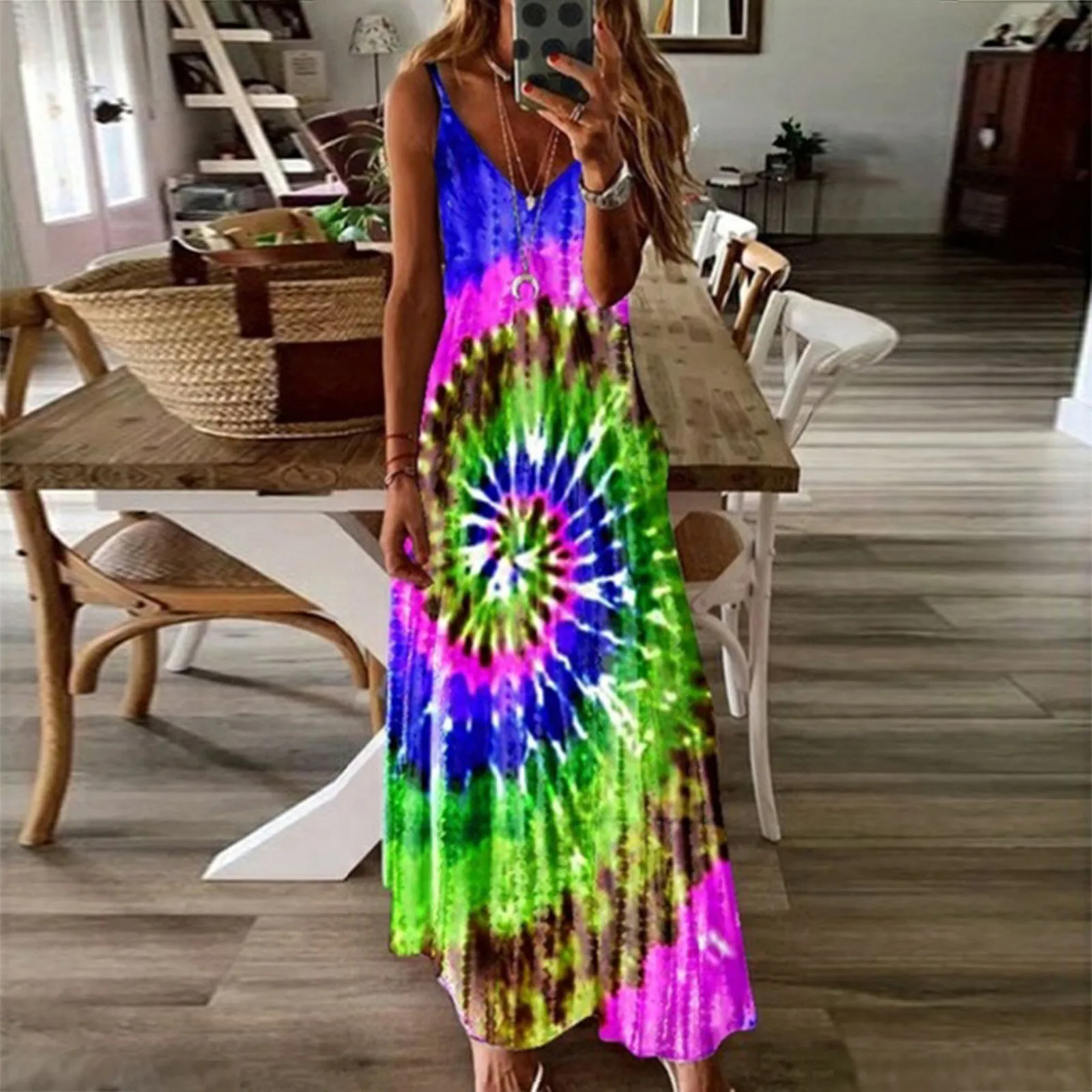 

2021 Summer Hillsionly Plus Size Fashion Sexy Women's Sleeveless Loose V-Neck Plain Tie-dye Printing Maxi Dresses Elegant Dress