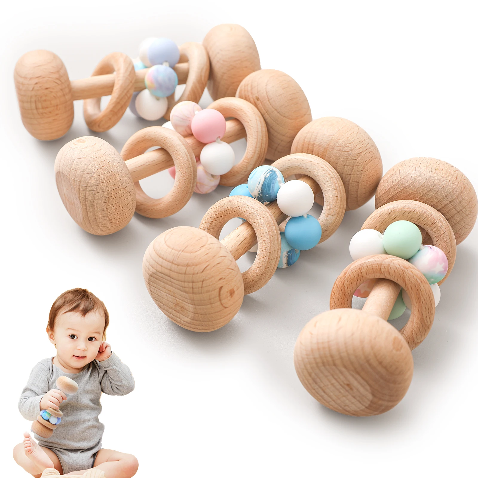 

1PC Baby Teether Toys Beech Wooden Rattle Wood Teething Rodent Ring Silicone Beads Musical Chew Play Gym Montessori Stroller Toy