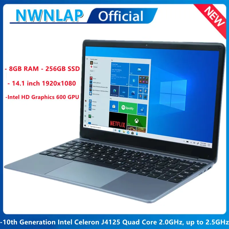 14.1 inch 1920x1080 Ultra-Thin Laptop Celeron J4125 up to 2.5GHz Quad Core 8G RAM/256GB SSD High-spec Performance Notebook