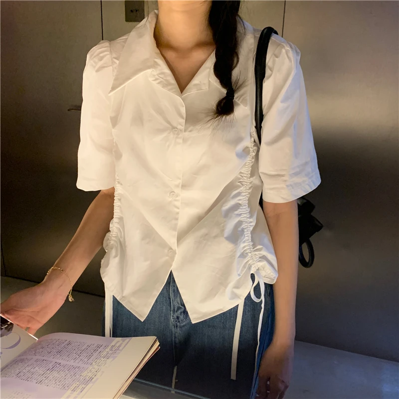 

COIGARSAM Fashion Short Sleeve Shirt Womens tops Turn-down Collar Women shirts White 6851