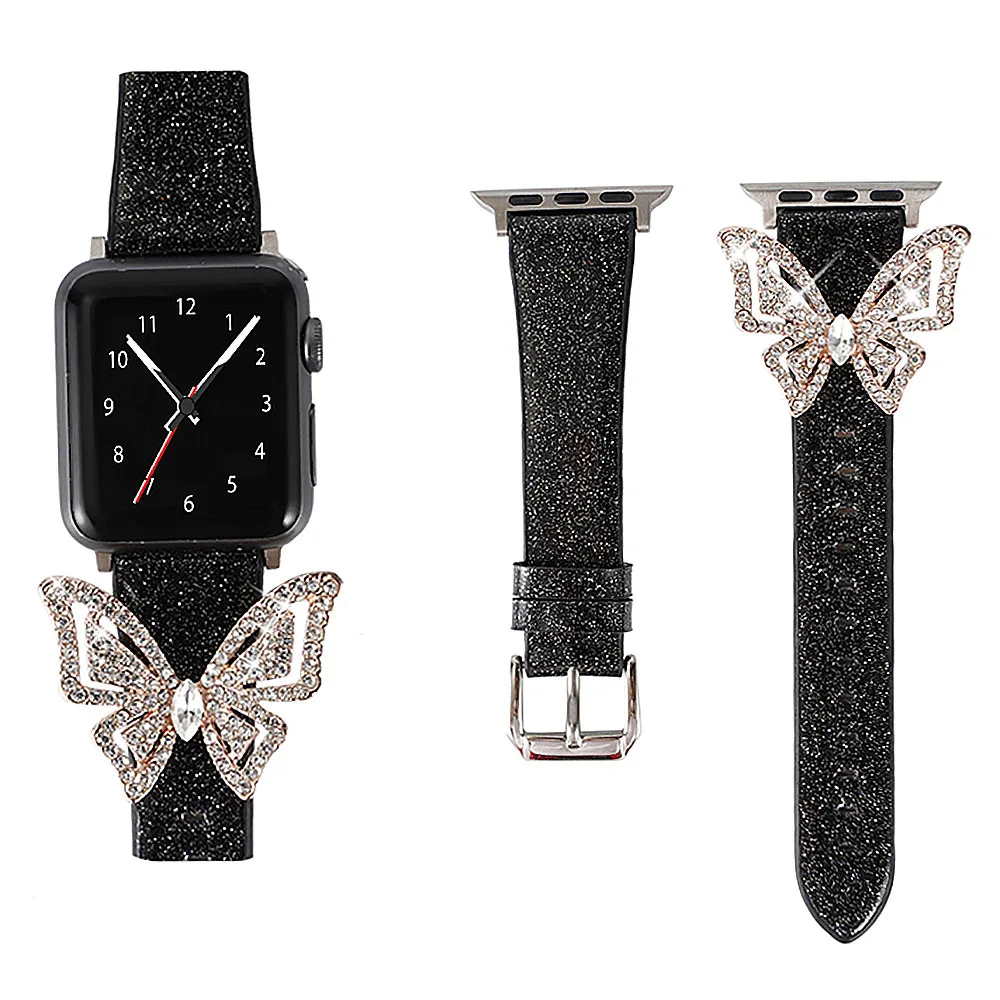 Блестящий кожаный ремешок с бабочкой для Apple Watch Band Series 1 2 3 4 5 6 SE браслет со
