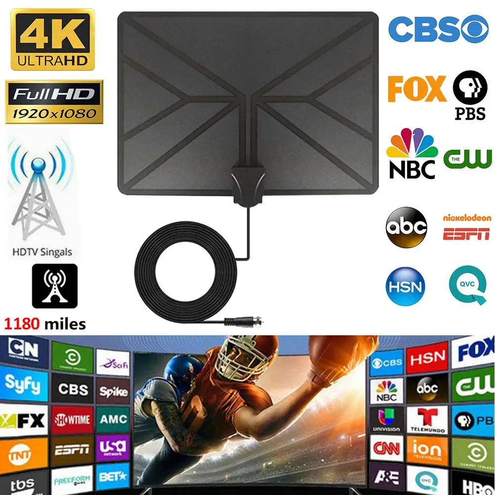 Цифровая HD ТВ антенна 4K 1180 миль комнатная с усилителем усилитель сигнала радиус