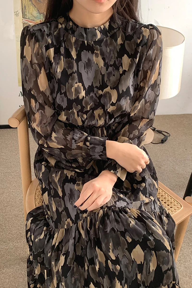 

Spring Retro O Neck Slim High Waist Ink Flower Print Design Full Chiffon Dresses for Women