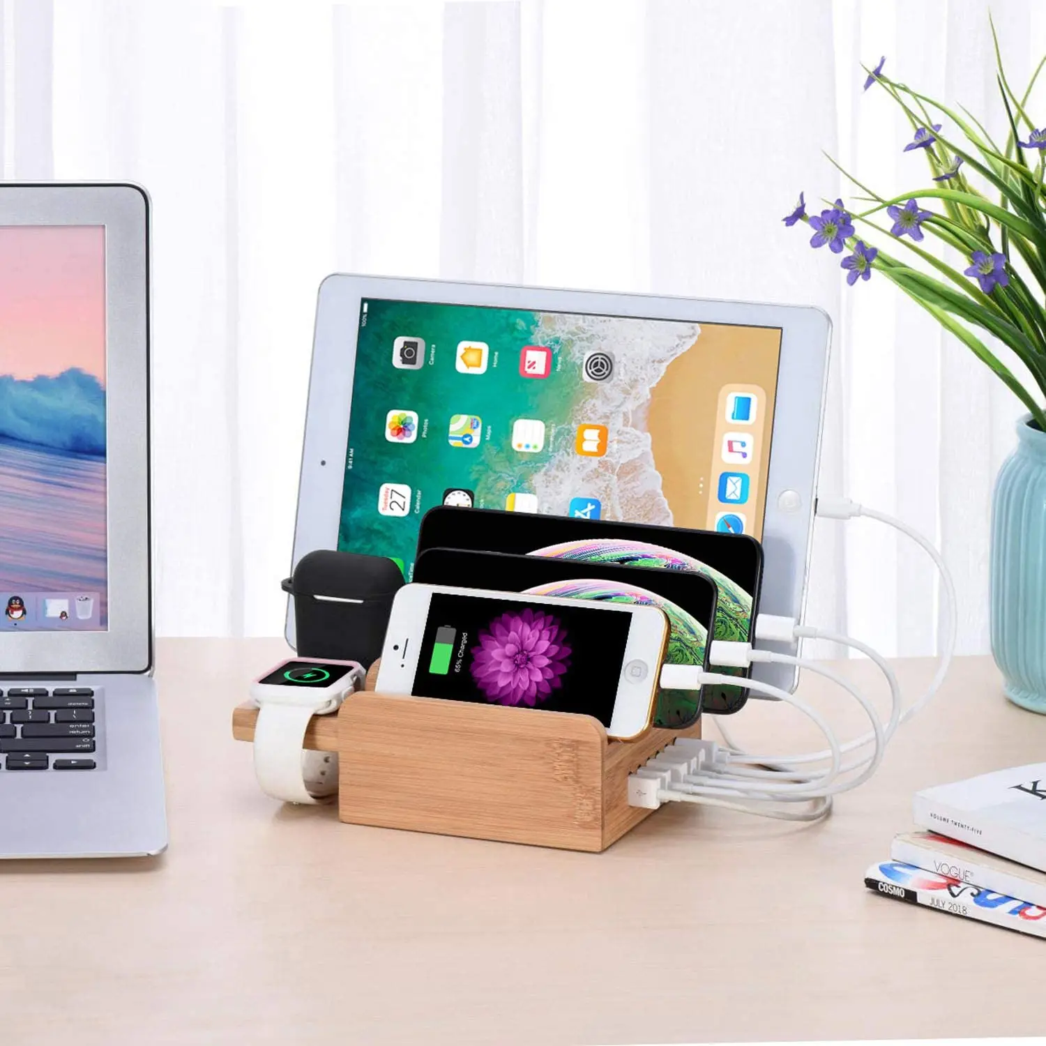 Comprare Naturale Di Legno Di Bambù Stazione Di Ricarica USB Stazione Del Caricatore Veloce Scrivania 6-Port Dell'organizzatore Del Supporto Del Basamento Per La Vigilanza Airpods Del Telefono Tablet