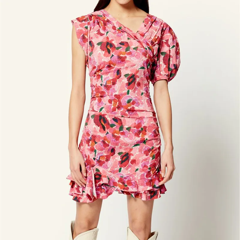 

Женское мини-платье с цветочным принтом, асимметричным диагональным воротником и пышными рукавами, оборками и высокой талией, лето 2021