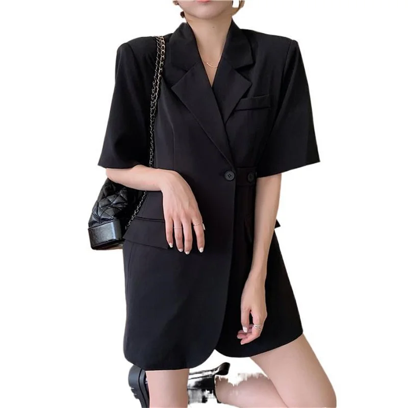 

Temperament white short-sleeved suit skirt female office dress suit collar buckle waist was thinner mid-length dress
