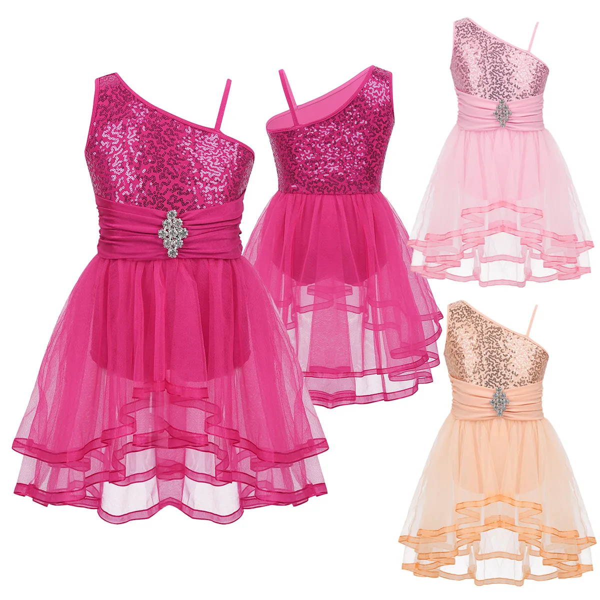 Блестками платья с лямкой на одном плече для девочек детей балетное платье