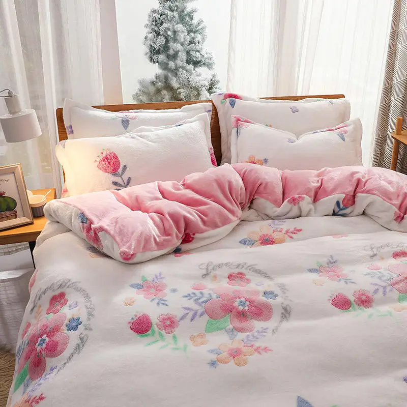 Flannel Bedding Set peony flower Bed Snow white Duvet Cover Sheet Pillowcases Twin Queen King size bed | Дом и сад