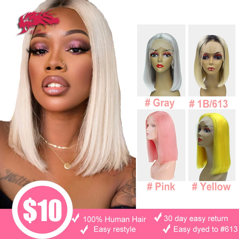 

Ali Queen Straight 13x4 Bob Lace Front Wig 8"-14" 180% Density Brazilian Remy Hair 613/pink/ombre Color Human Hair Wigs