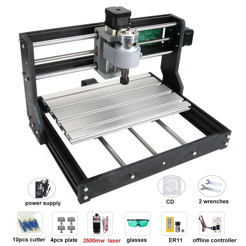 2500mw laser 3018 ЧПУ Pro с ER11 GRBL Diy мини-станок, 3 оси pcb фрезерный станок, деревообрабатывающий станок 7 Вт лазерная гравировка, с автономным контроллером - Цвет: 2500mw laser