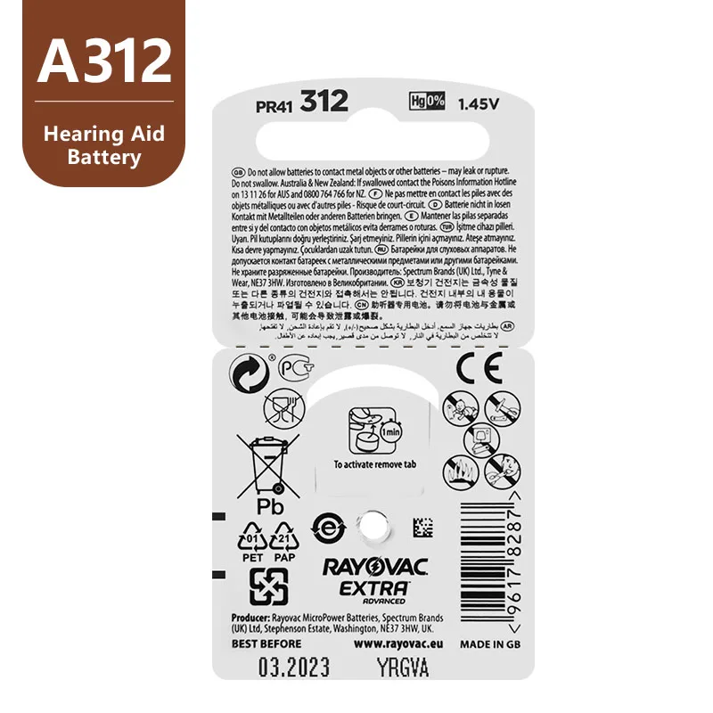 120 шт. батарейки для слухового аппарата Rayovac A312 312A ZA312 312 PR41|battery a312|hearing aid batteries a312zinc