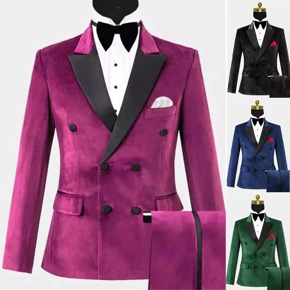 Winter Velvet Groom Wedding Tuxedos Warm Double Breasted Blazer Party Prom Pants Suits Men Business 
