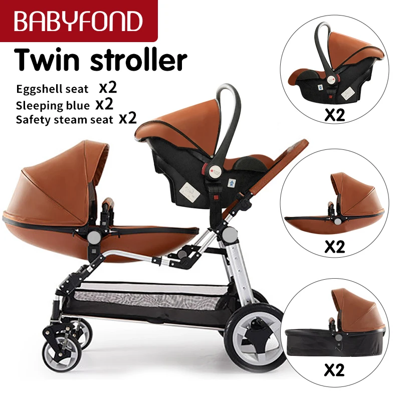 Babyfond leather Egg shell Twins stroller 3 in 1 high landscape stroller Folding Luxury Double baby Pram free ship two bassinets