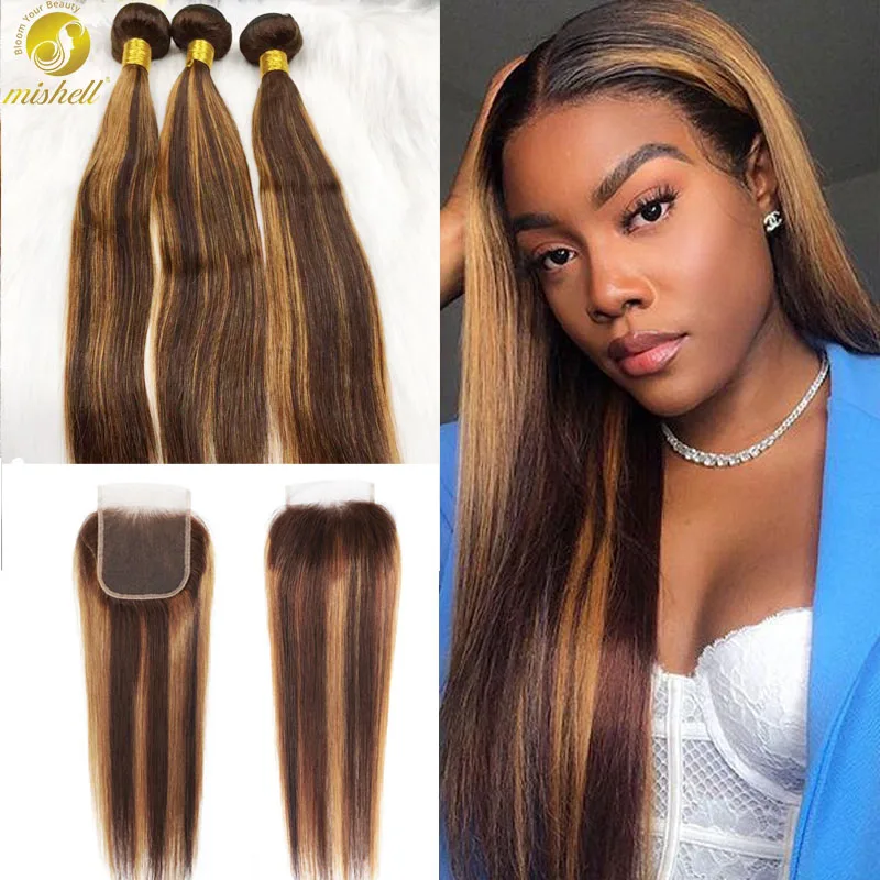 Mishell Highlight Straight Bundles With 4X4 Closure Peruvian Straight 4/27 Color 3/4 Bundles With Closure Human Hair Bundles