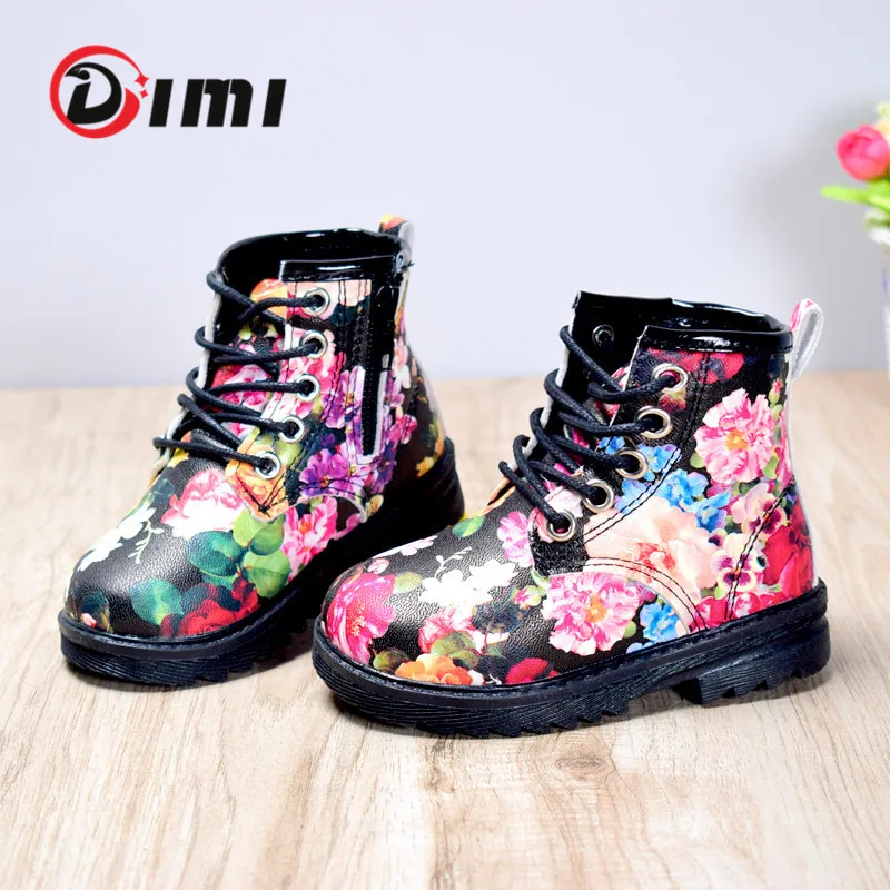 

DIMI 2022 Autumn Girls Boots PU Leather Waterproof Kid Baby Boots Shoes Fashion Flower Zip Rome Little Girl Martin Boots
